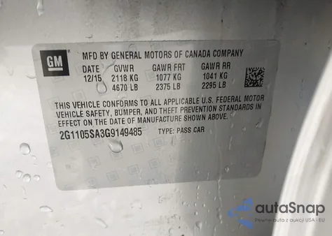 2016 Chevrolet Impala 1Lt z USA, uszkodzony, nr VIN 2G1105SA3G9149485